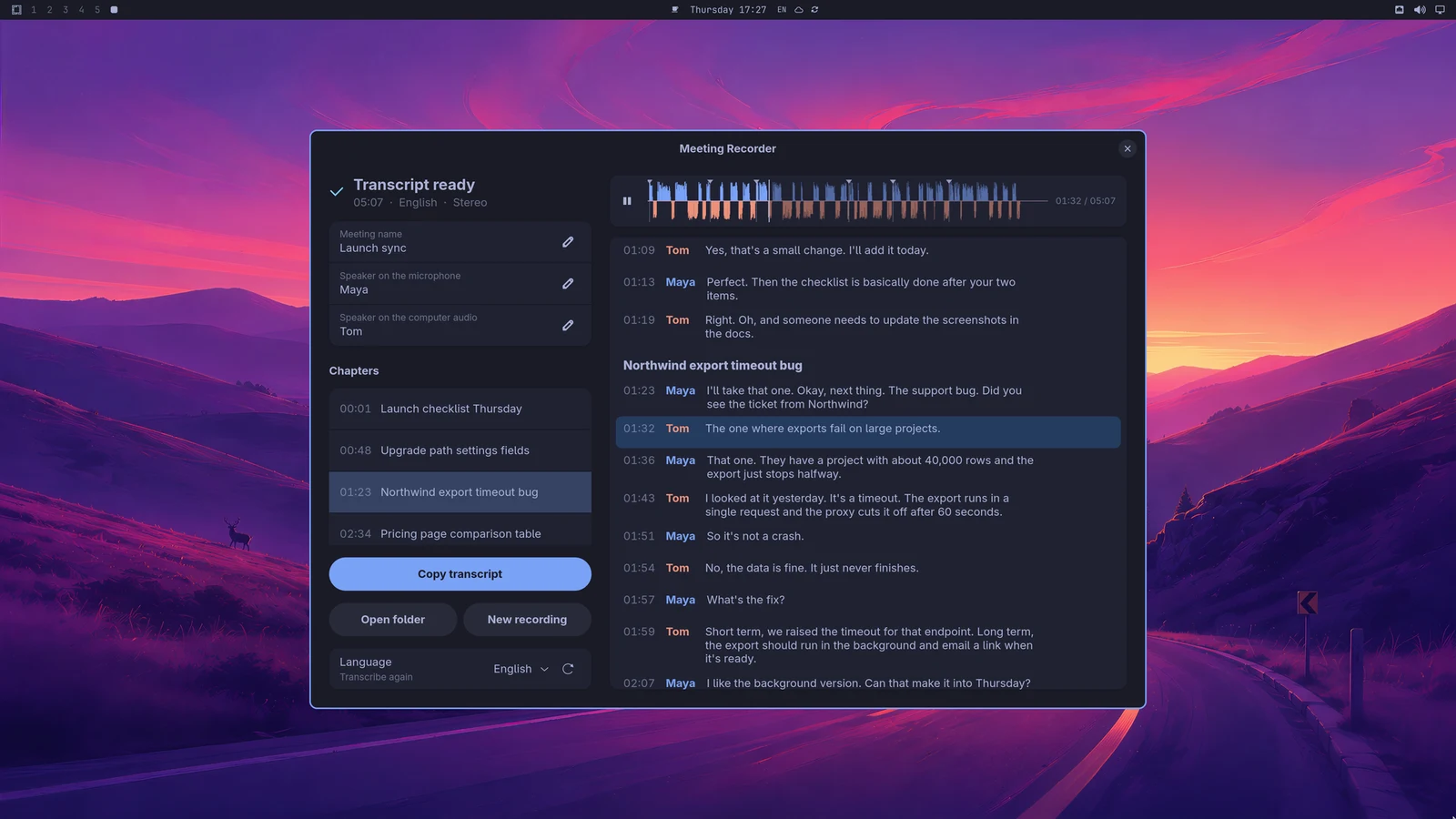 The done screen: chapters on the left, the transcript on the right, a waveform player above it