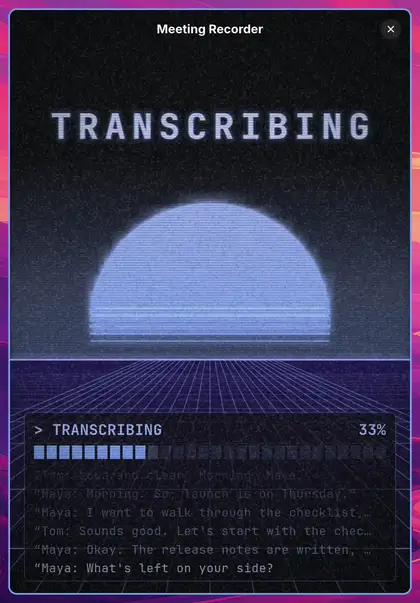 The transcribing animation, a neon sun over a scrolling grid