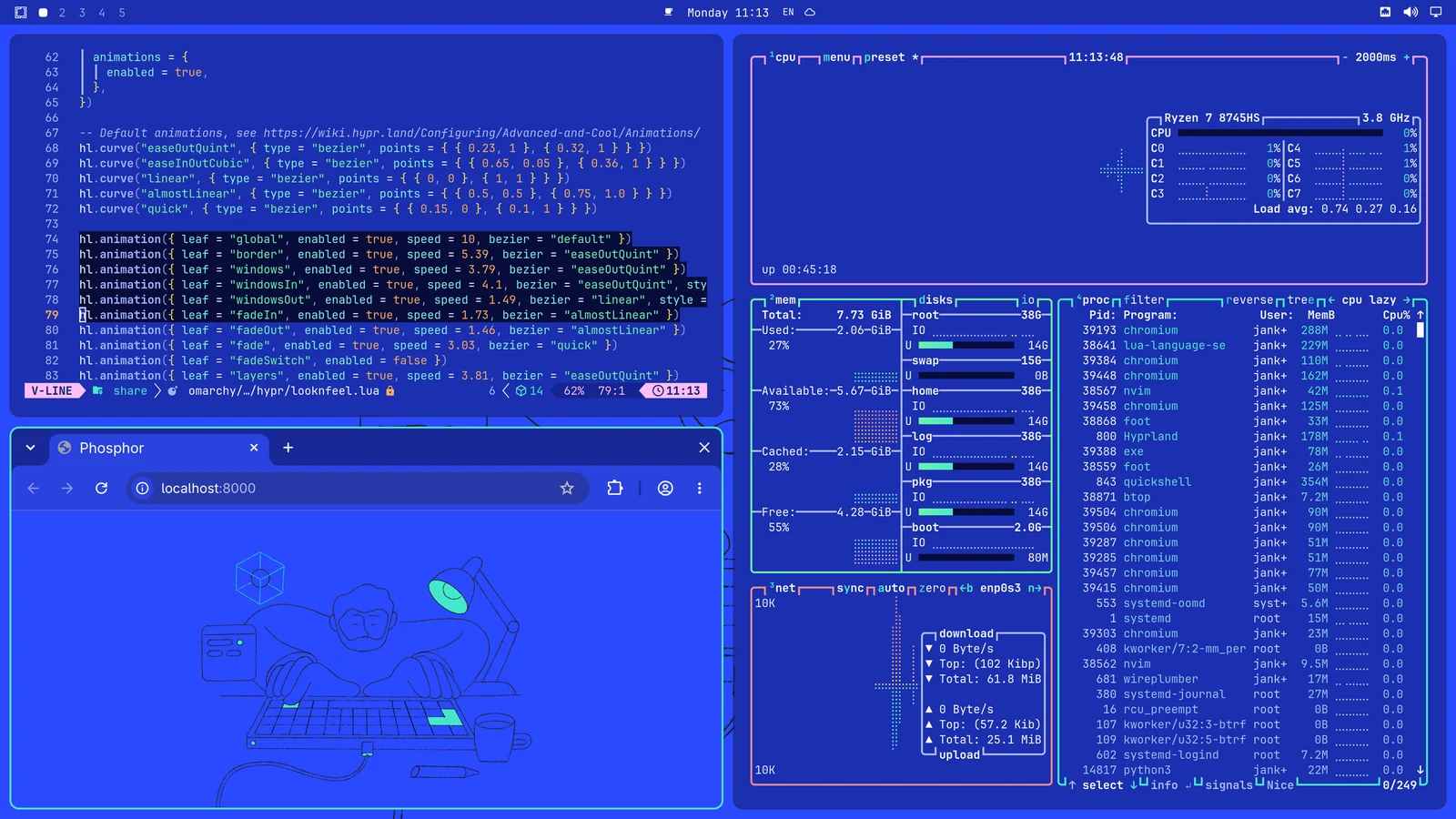 Neovim, btop and a browser in Phosphor