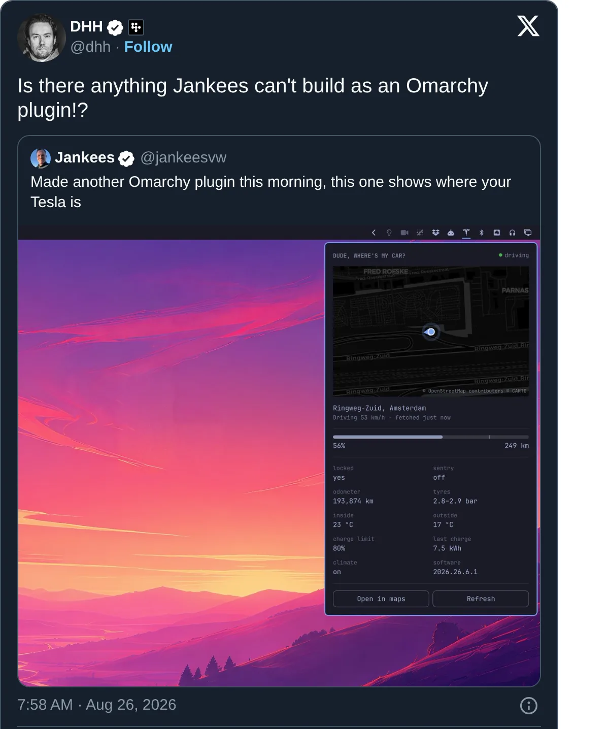 DHH quoting the Tesla widget: "Is there anything Jankees can't build as an Omarchy plugin!?"