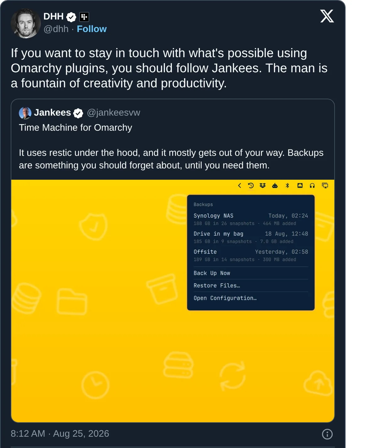 DHH quoting time-machine: "If you want to stay in touch with what's possible using Omarchy plugins, you should follow Jankees."