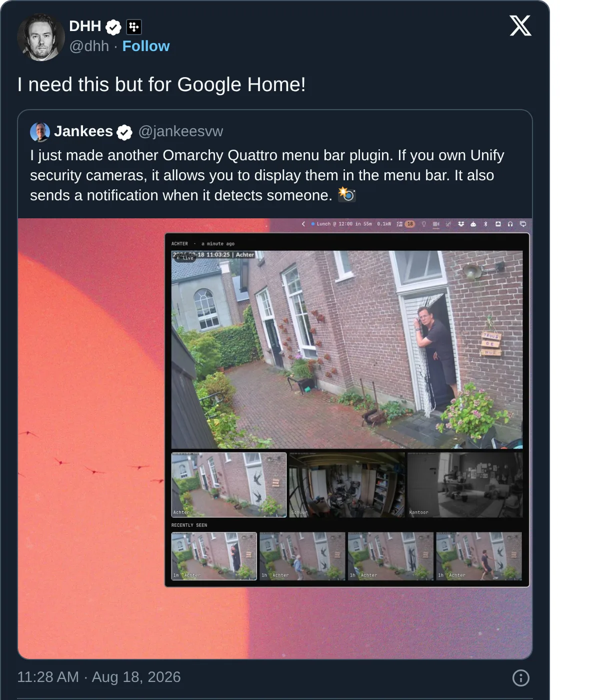DHH quoting my UniFi Protect widget: "I need this but for Google Home!"